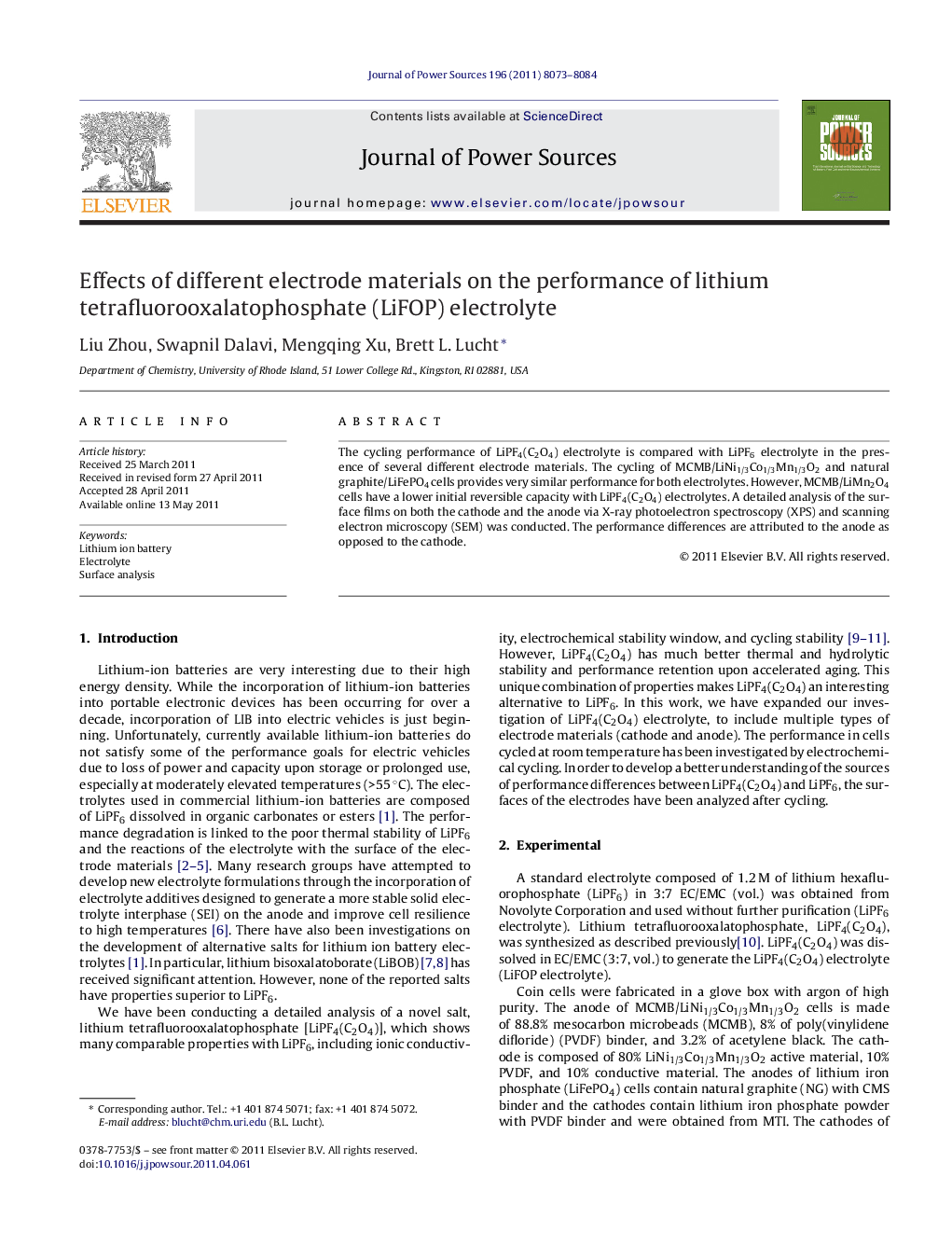 Effects of different electrode materials on the performance of lithium tetrafluorooxalatophosphate (LiFOP) electrolyte