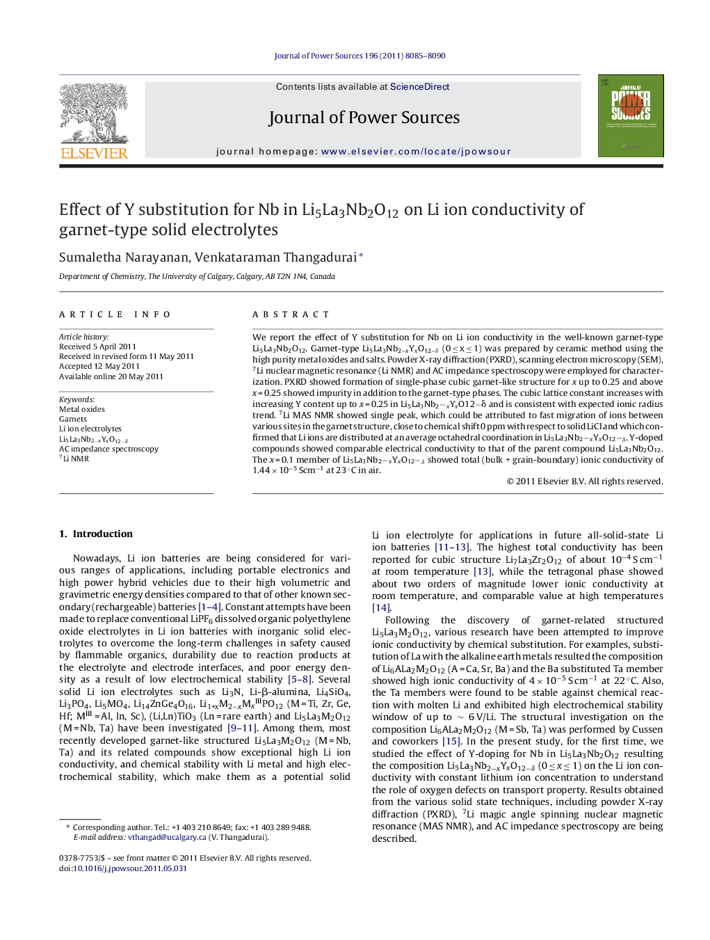 Effect of Y substitution for Nb in Li5La3Nb2O12 on Li ion conductivity of garnet-type solid electrolytes