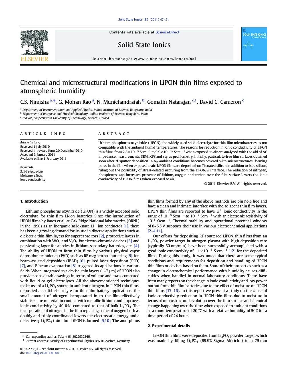 Chemical and microstructural modifications in LiPON thin films exposed to atmospheric humidity