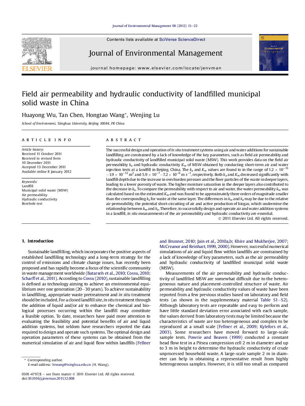 Field air permeability and hydraulic conductivity of landfilled municipal solid waste in China