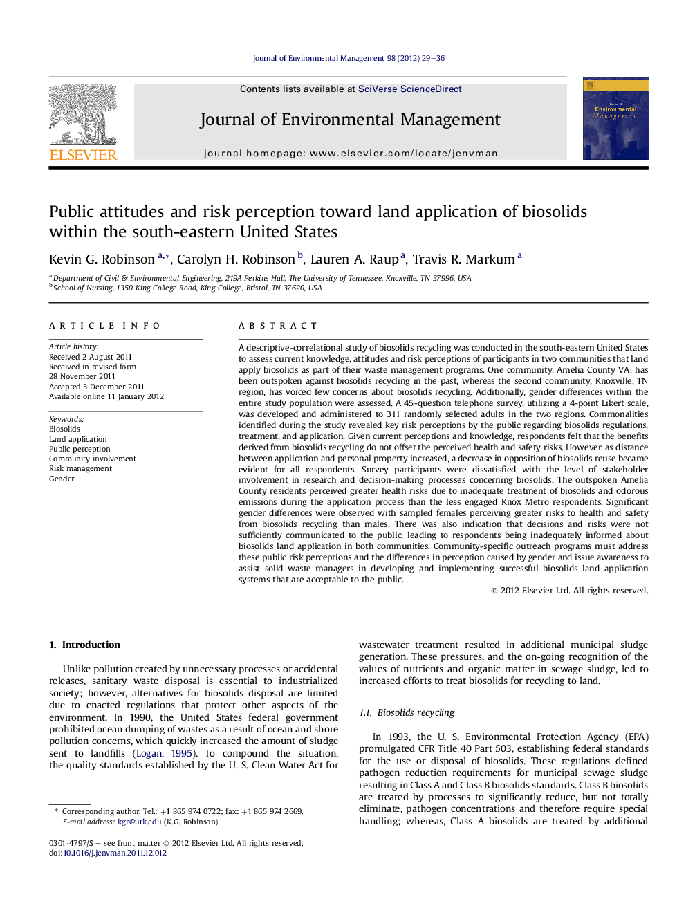 Public attitudes and risk perception toward land application of biosolids within the south-eastern United States