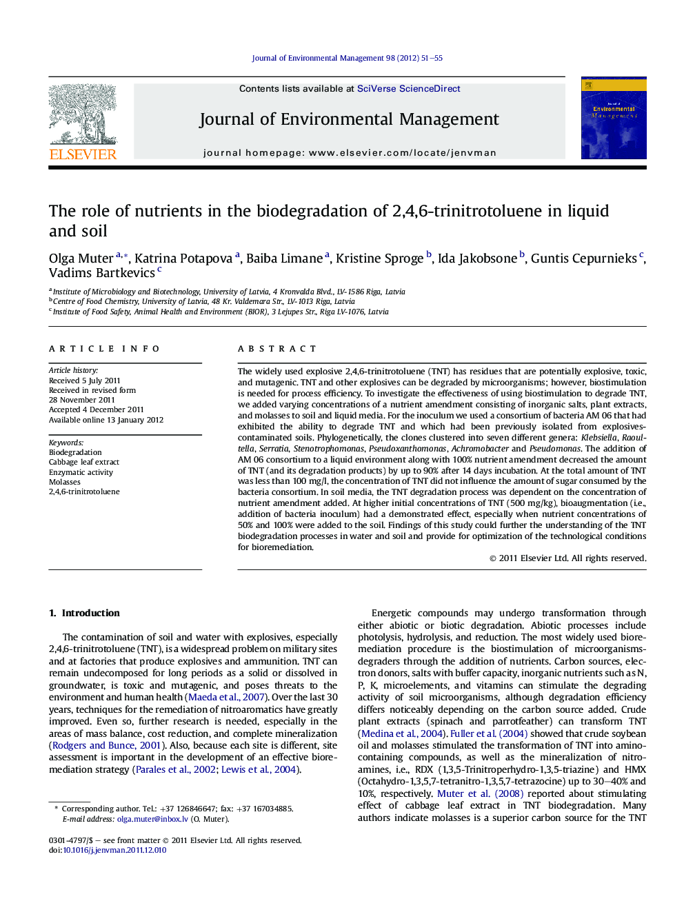 The role of nutrients in the biodegradation of 2,4,6-trinitrotoluene in liquid and soil