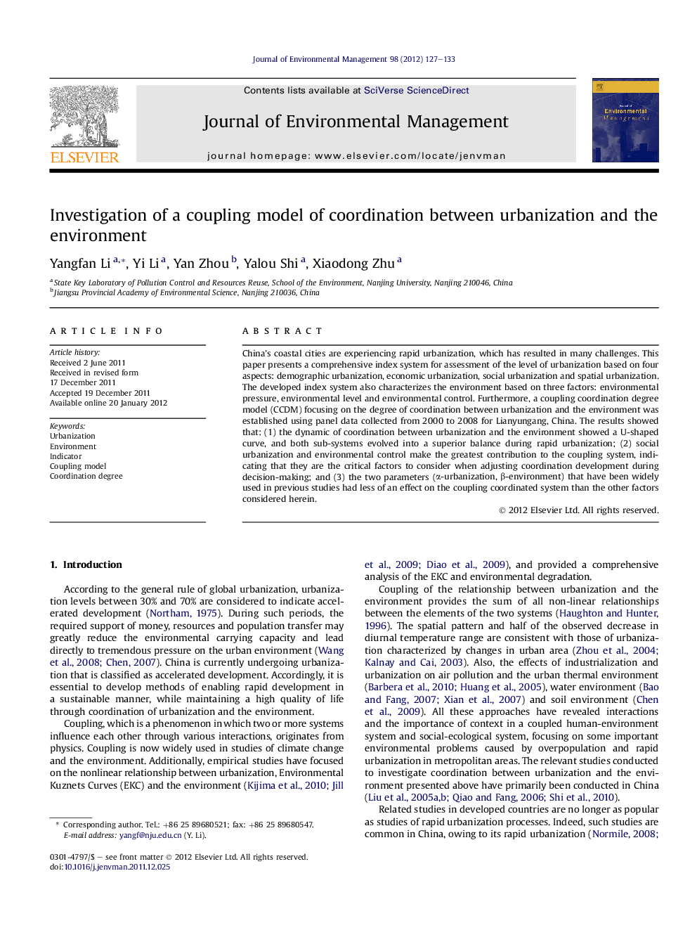 Investigation of a coupling model of coordination between urbanization and the environment