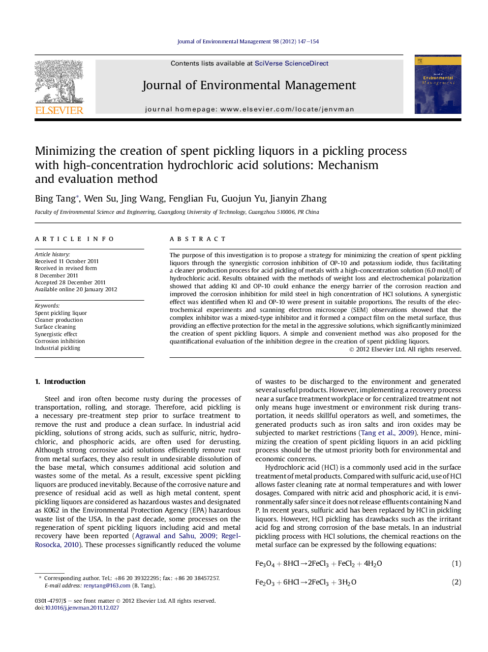 Minimizing the creation of spent pickling liquors in a pickling process with high-concentration hydrochloric acid solutions: Mechanism and evaluation method