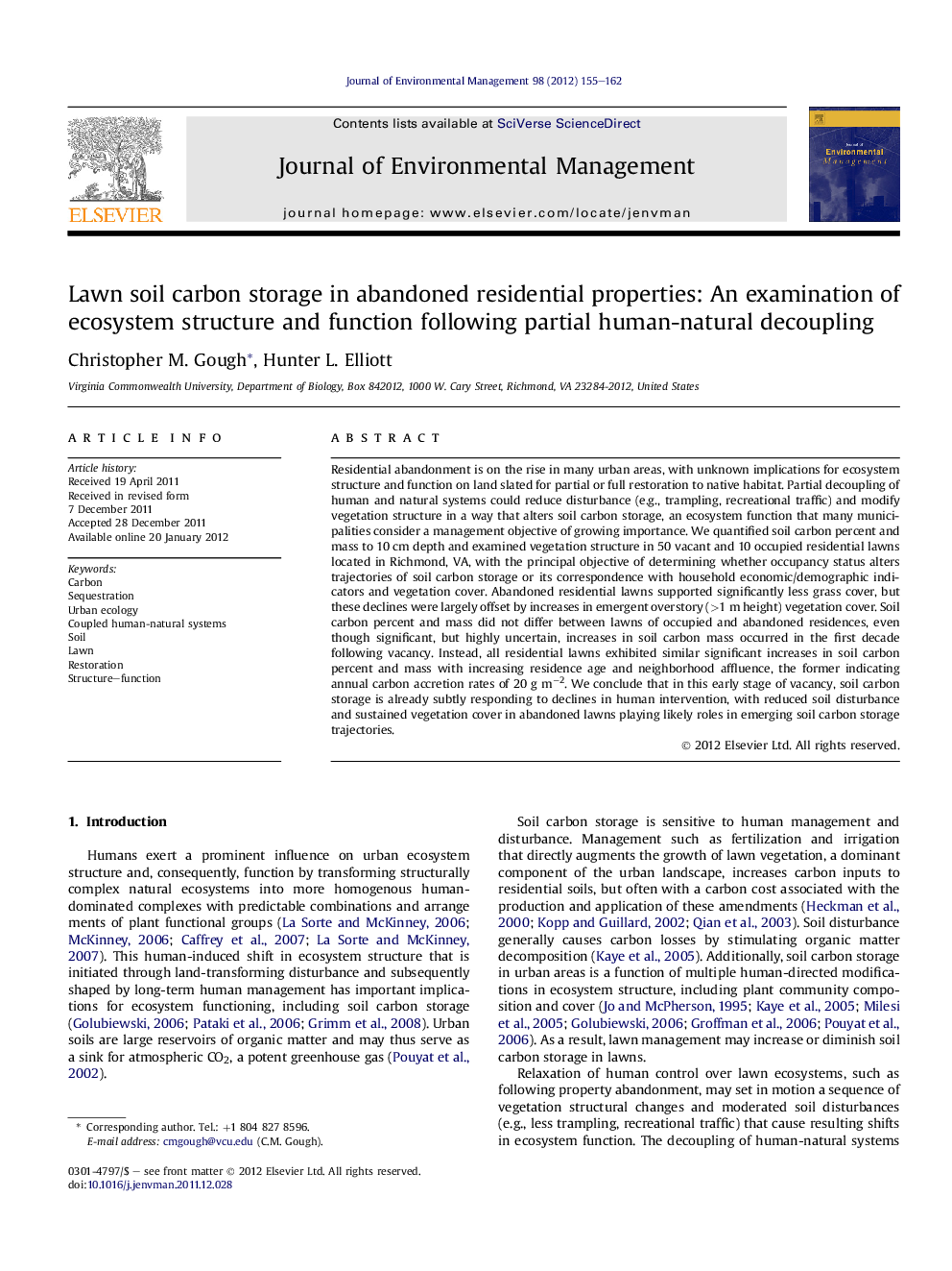 Lawn soil carbon storage in abandoned residential properties: An examination of ecosystem structure and function following partial human-natural decoupling