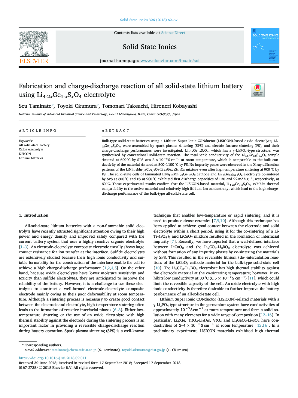 Fabrication and charge-discharge reaction of all solid-state lithium battery using Li4-2xGe1-xSxO4 electrolyte