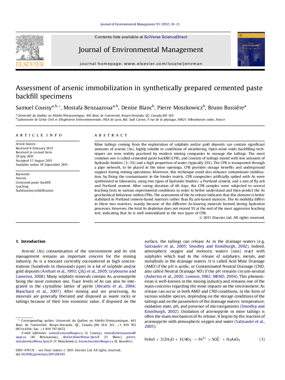 Assessment of arsenic immobilization in synthetically prepared cemented paste backfill specimens