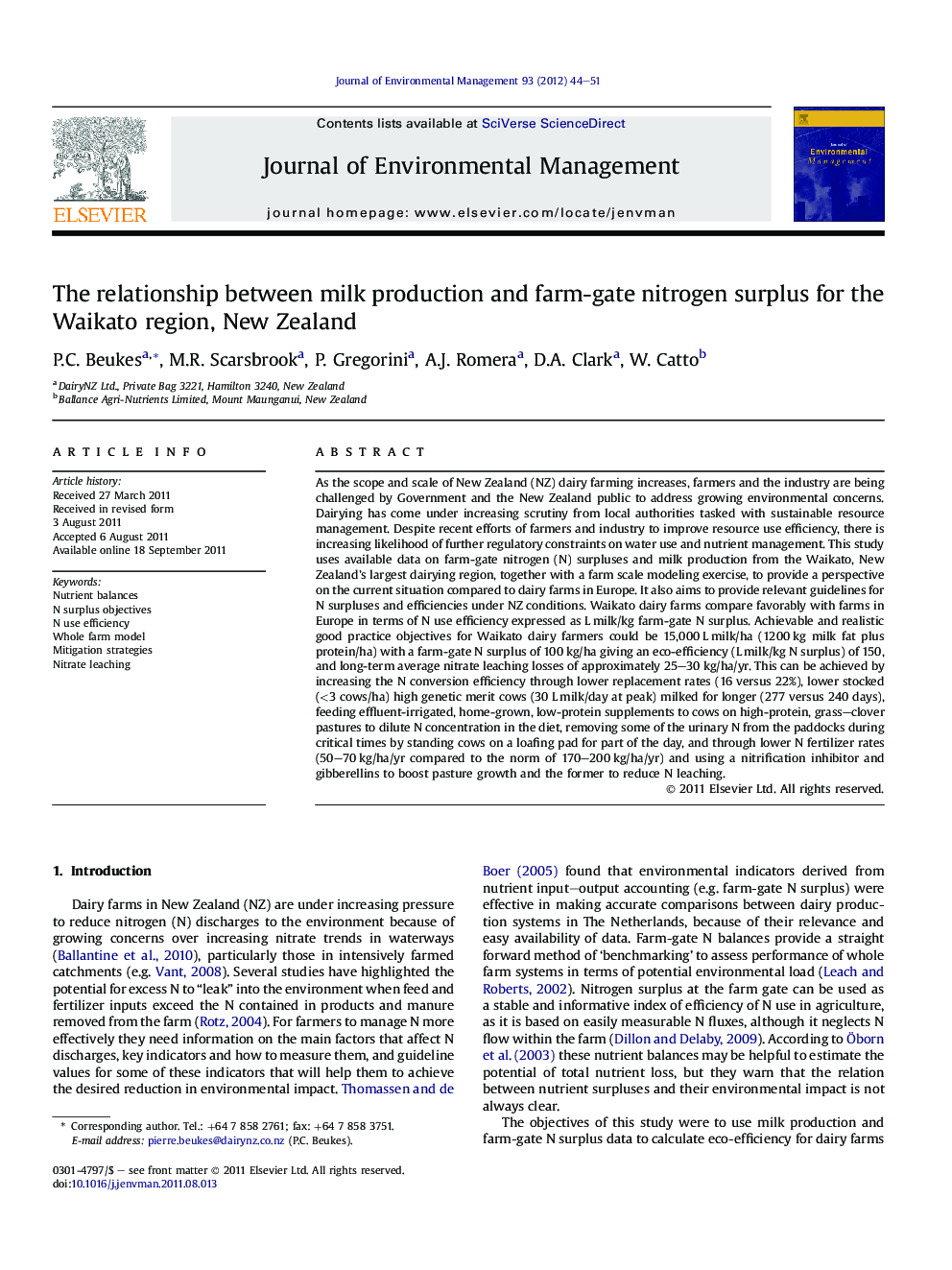 The relationship between milk production and farm-gate nitrogen surplus for the Waikato region, New Zealand