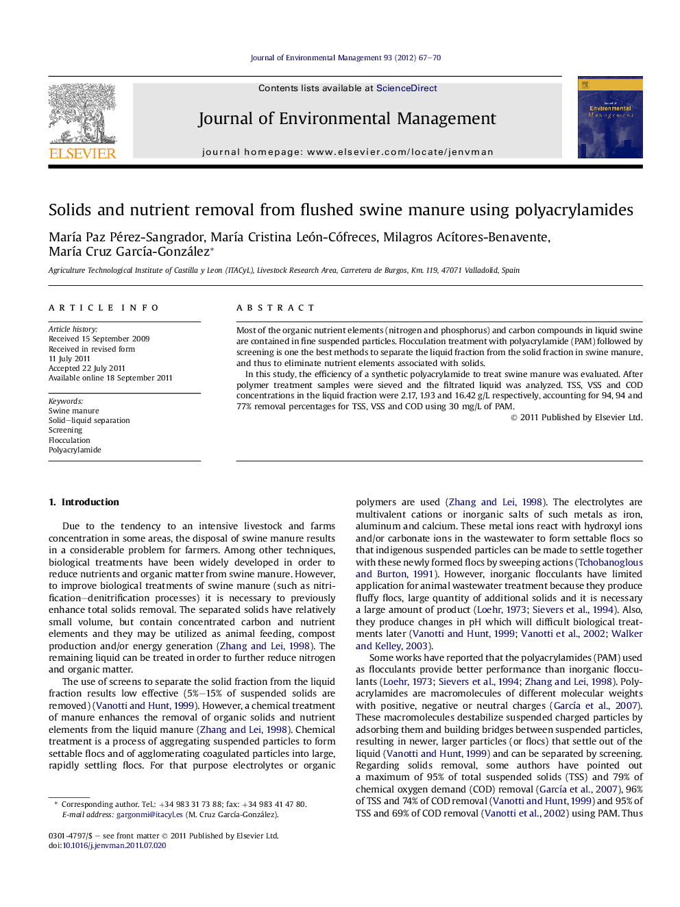 Solids and nutrient removal from flushed swine manure using polyacrylamides