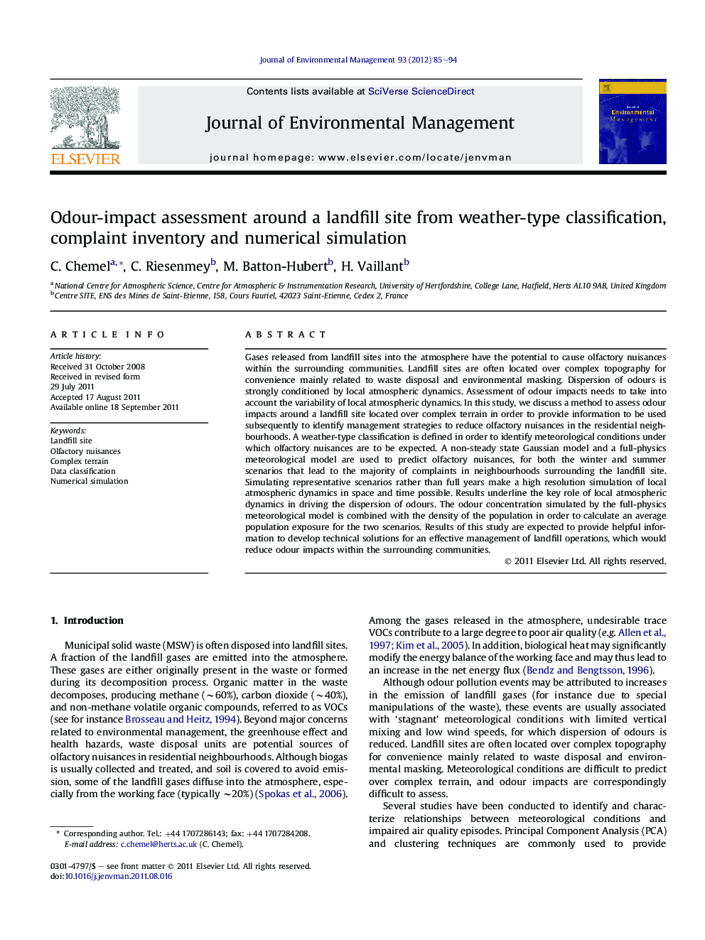 Odour-impact assessment around a landfill site from weather-type classification, complaint inventory and numerical simulation