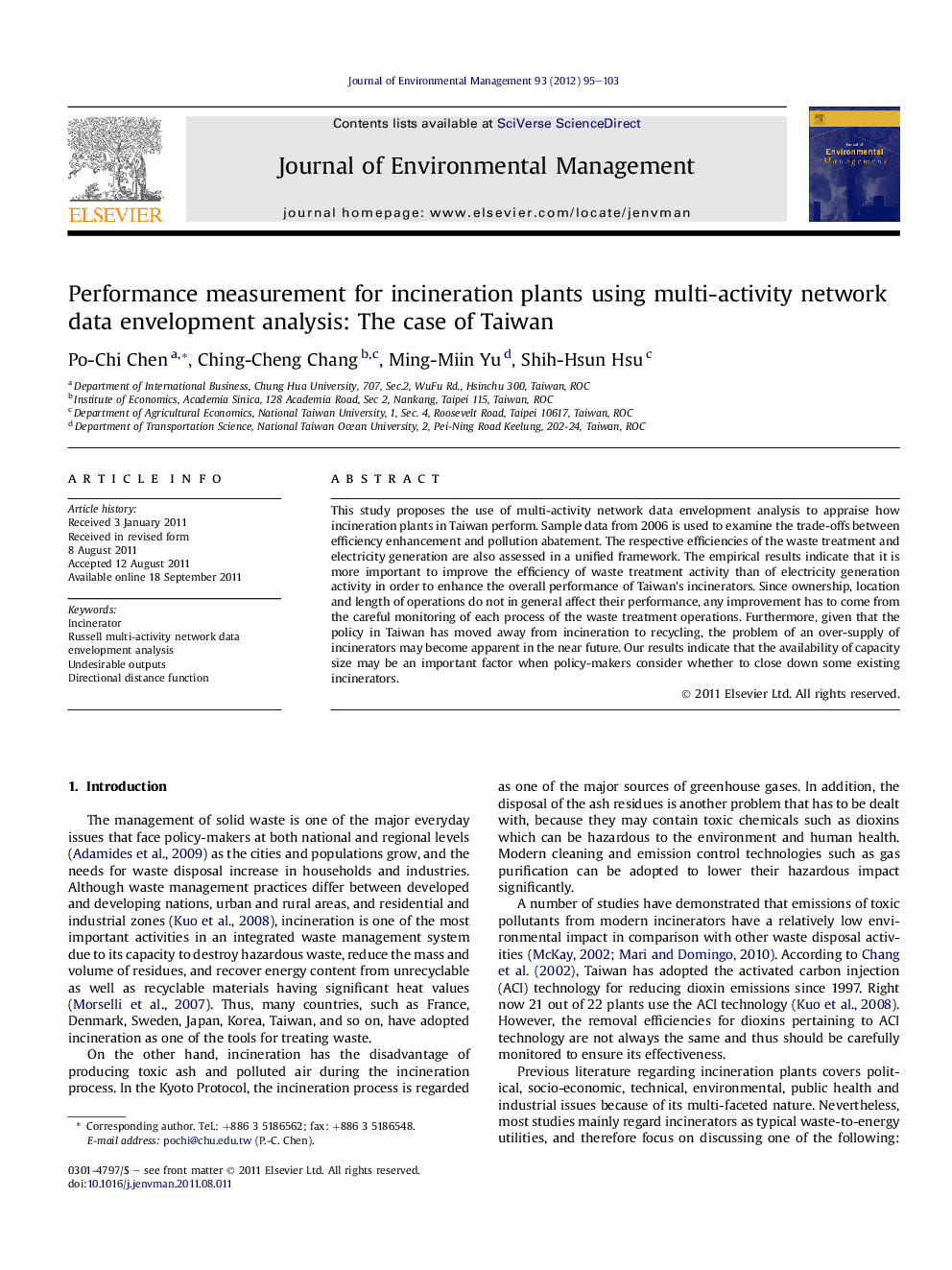 Performance measurement for incineration plants using multi-activity network data envelopment analysis: The case of Taiwan