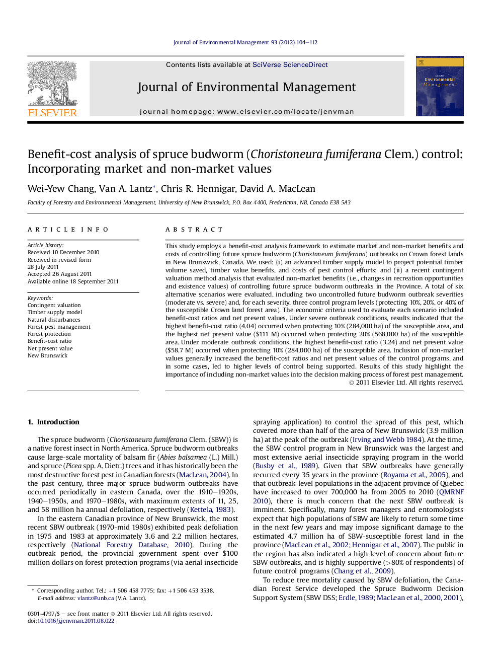 Benefit-cost analysis of spruce budworm (Choristoneura fumiferana Clem.) control: Incorporating market and non-market values