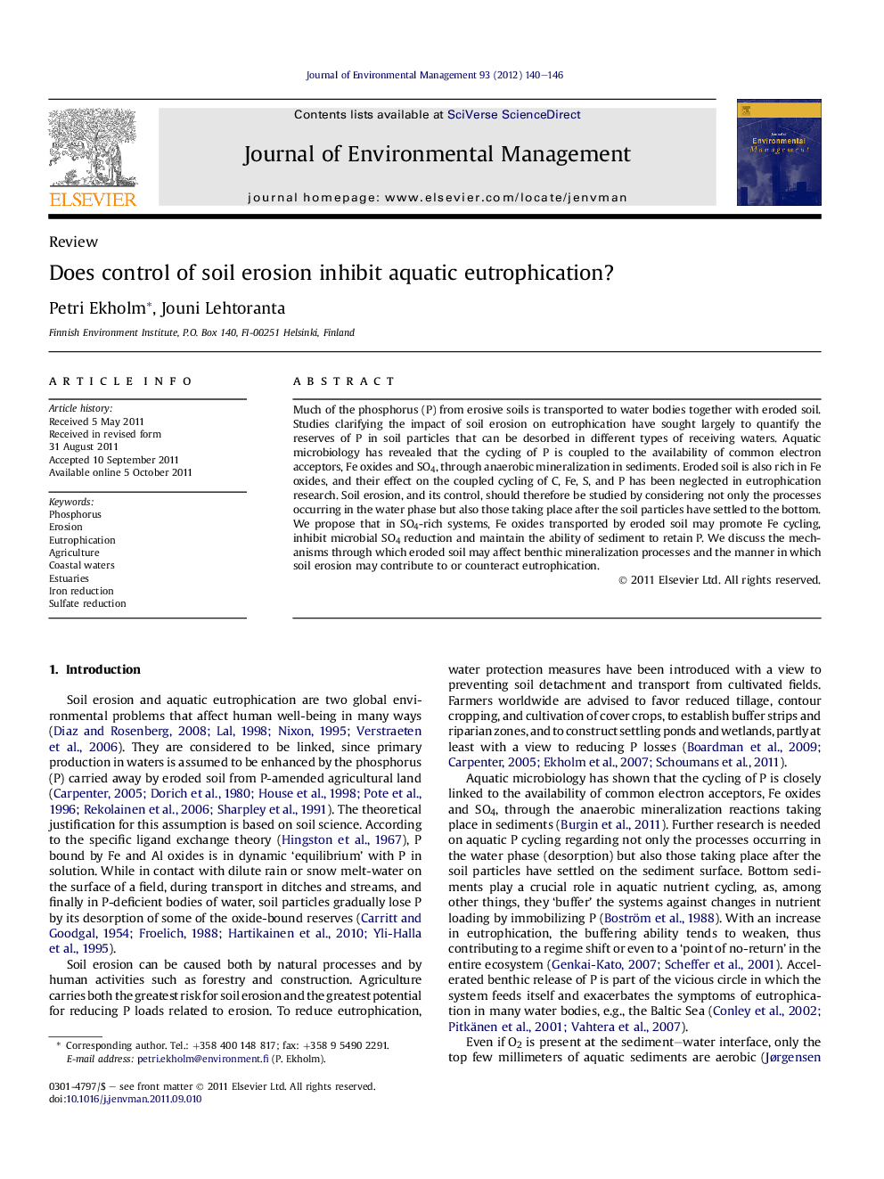 Does control of soil erosion inhibit aquatic eutrophication?