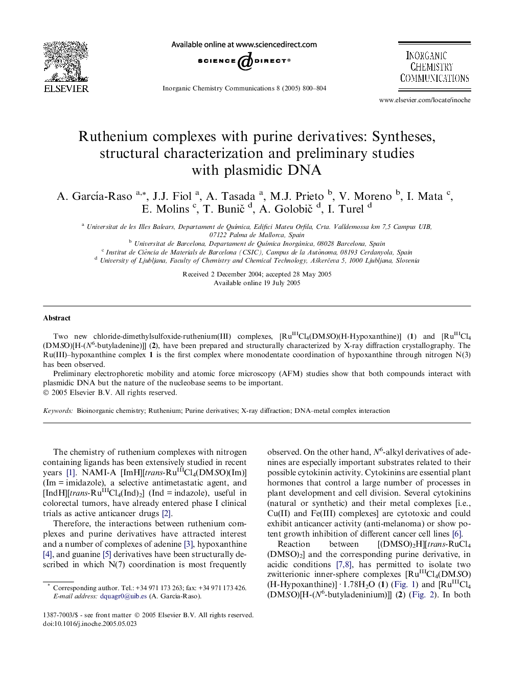 Ruthenium complexes with purine derivatives: Syntheses, structural characterization and preliminary studies with plasmidic DNA