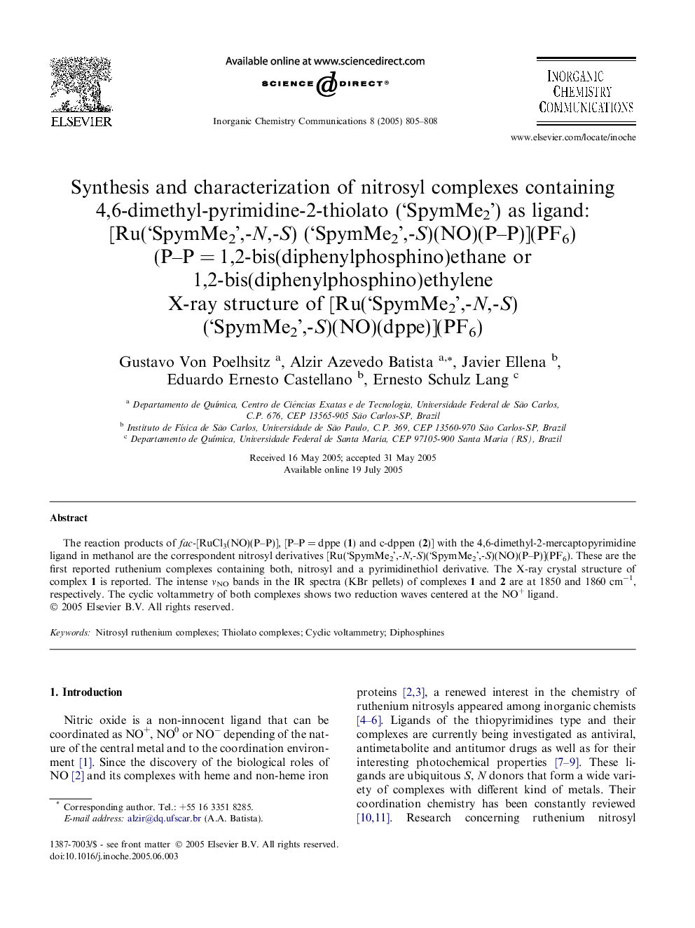 Synthesis and characterization of nitrosyl complexes containing 4,6-dimethyl-pyrimidine-2-thiolato ('SpymMe2') as ligand: [Ru('SpymMe2',-N,-S) ('SpymMe2',-S)(NO)(P-P)](PF6) (P-PÂ =Â 1,2-bis(diphenylphosphino)ethane or 1,2-bis(diphenylphosphino)ethylene