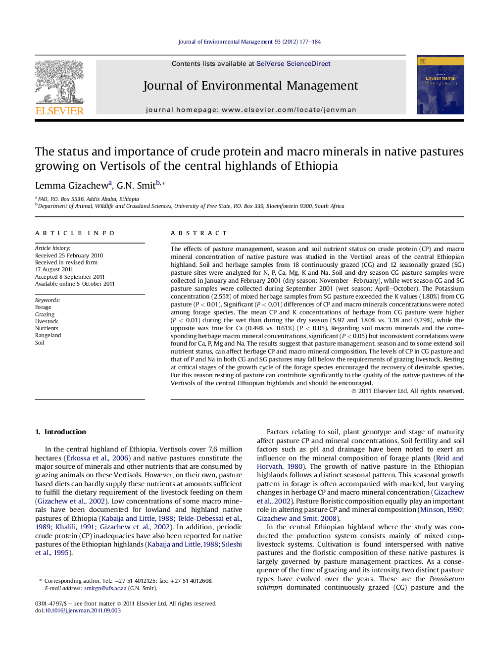 The status and importance of crude protein and macro minerals in native pastures growing on Vertisols of the central highlands of Ethiopia