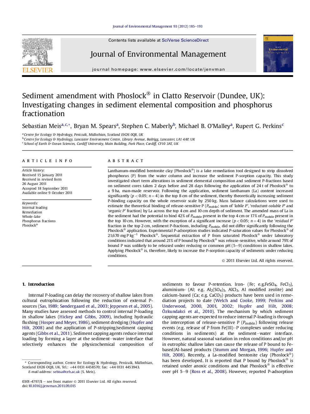 Sediment amendment with Phoslock® in Clatto Reservoir (Dundee, UK): Investigating changes in sediment elemental composition and phosphorus fractionation