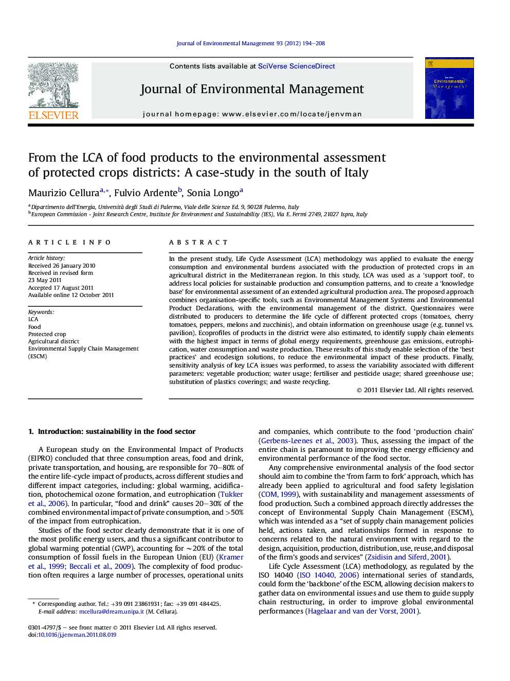 From the LCA of food products to the environmental assessment of protected crops districts: A case-study in the south of Italy