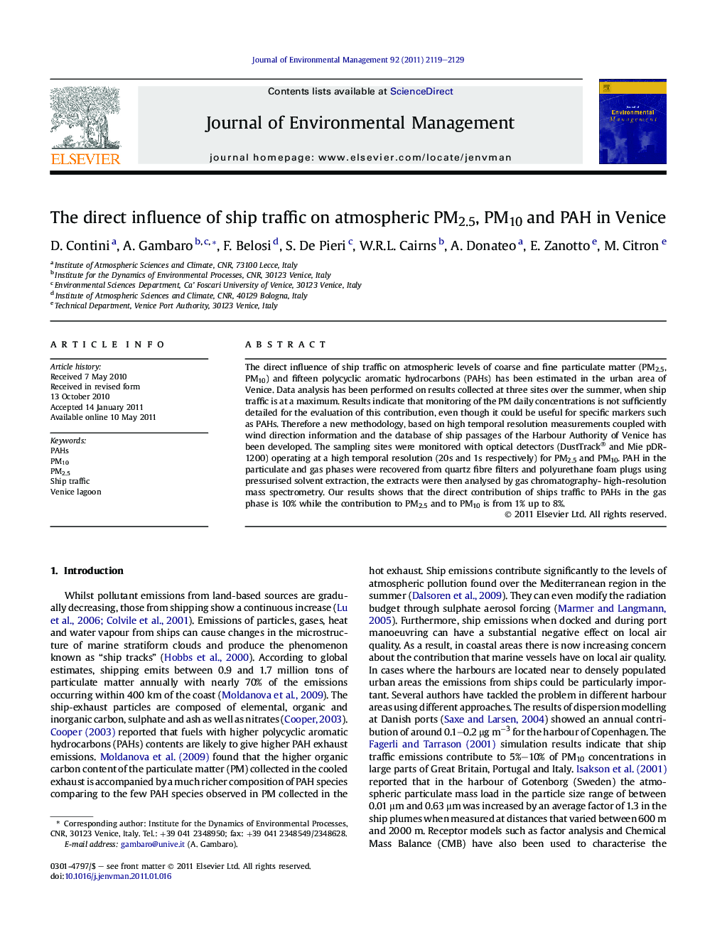 The direct influence of ship traffic on atmospheric PM2.5, PM10 and PAH in Venice