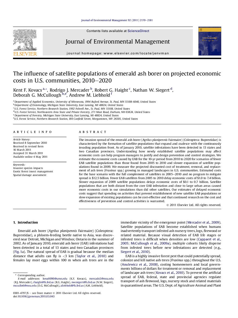 The influence of satellite populations of emerald ash borer on projected economic costs in U.S. communities, 2010–2020