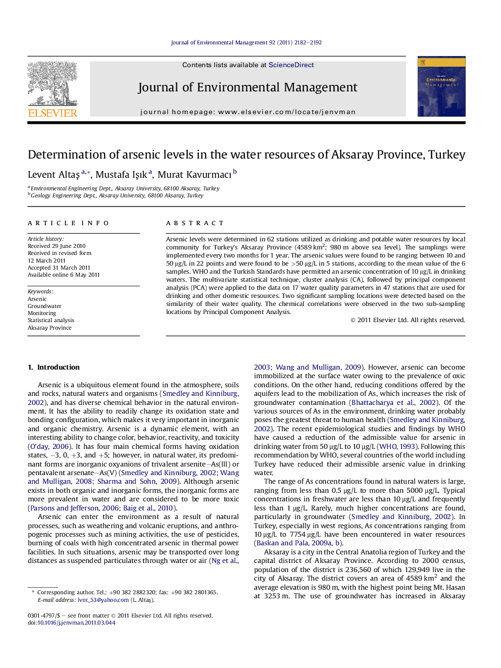 Determination of arsenic levels in the water resources of Aksaray Province, Turkey