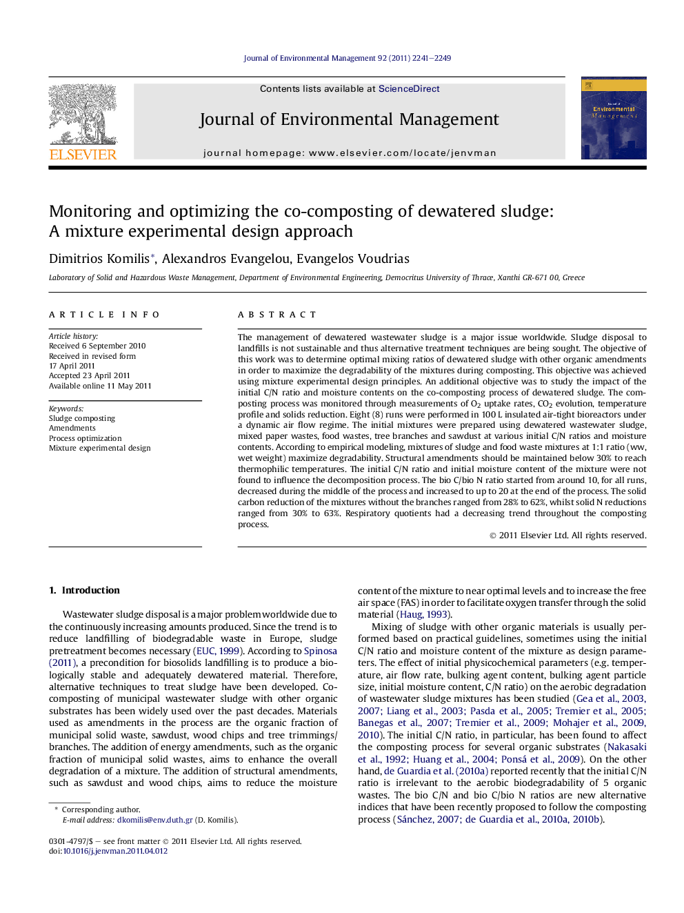 Monitoring and optimizing the co-composting of dewatered sludge: A mixture experimental design approach