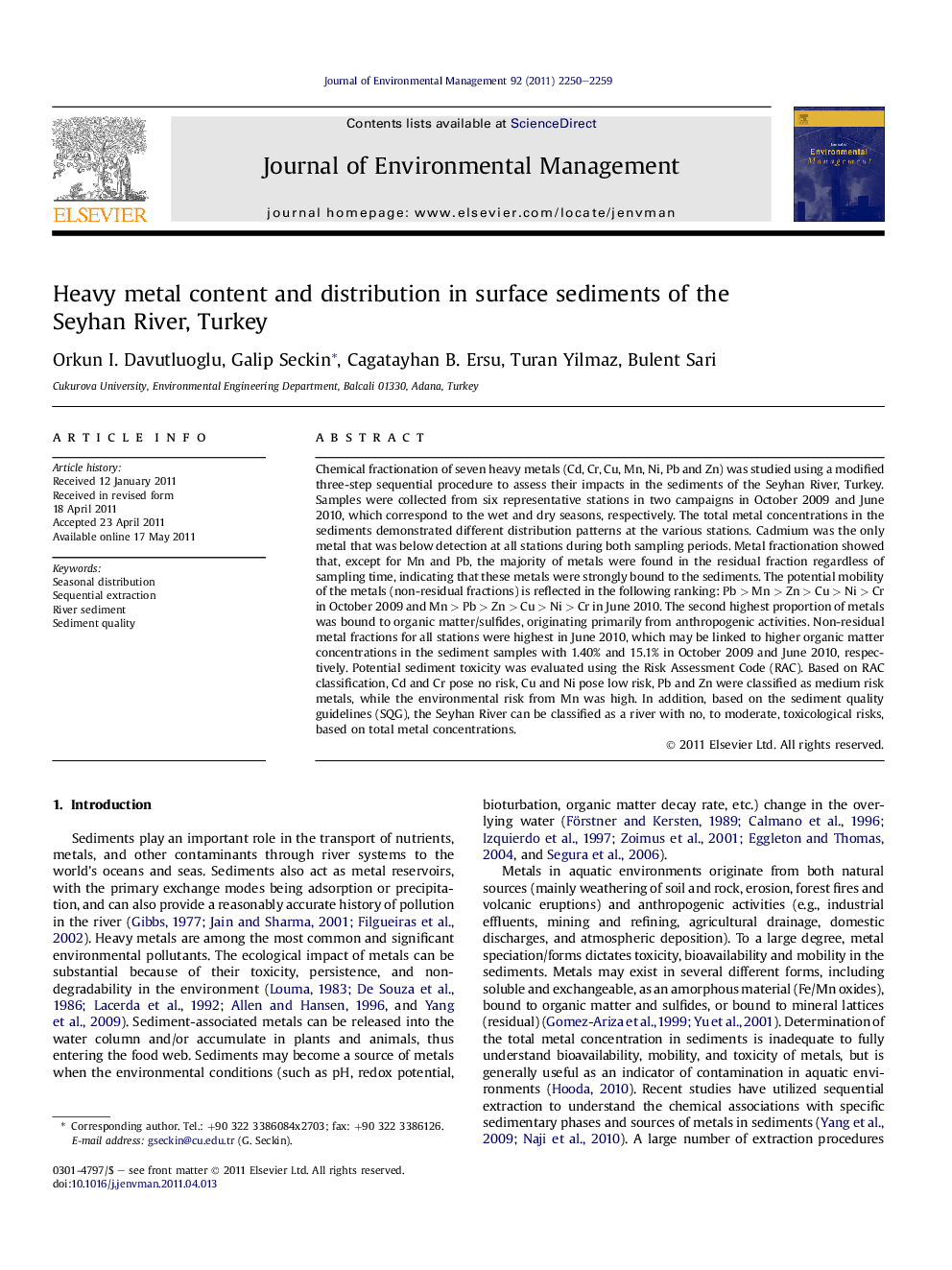 Heavy metal content and distribution in surface sediments of the Seyhan River, Turkey