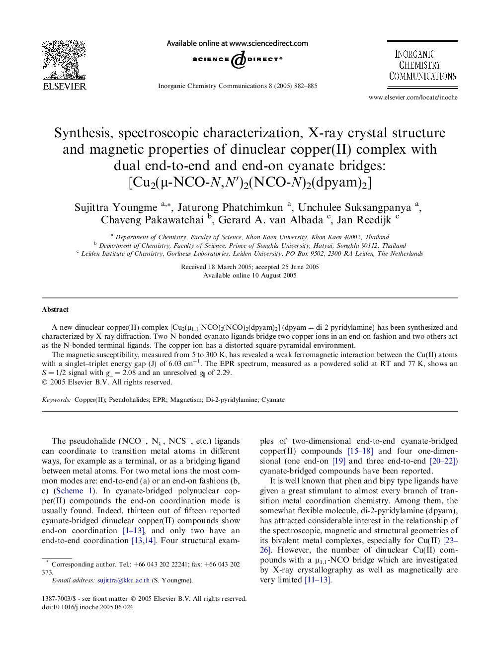 Synthesis, spectroscopic characterization, X-ray crystal structure and magnetic properties of dinuclear copper(II) complex with dual end-to-end and end-on cyanate bridges: [Cu2(Î¼-NCO-N,Nâ²)2(NCO-N)2(dpyam)2]