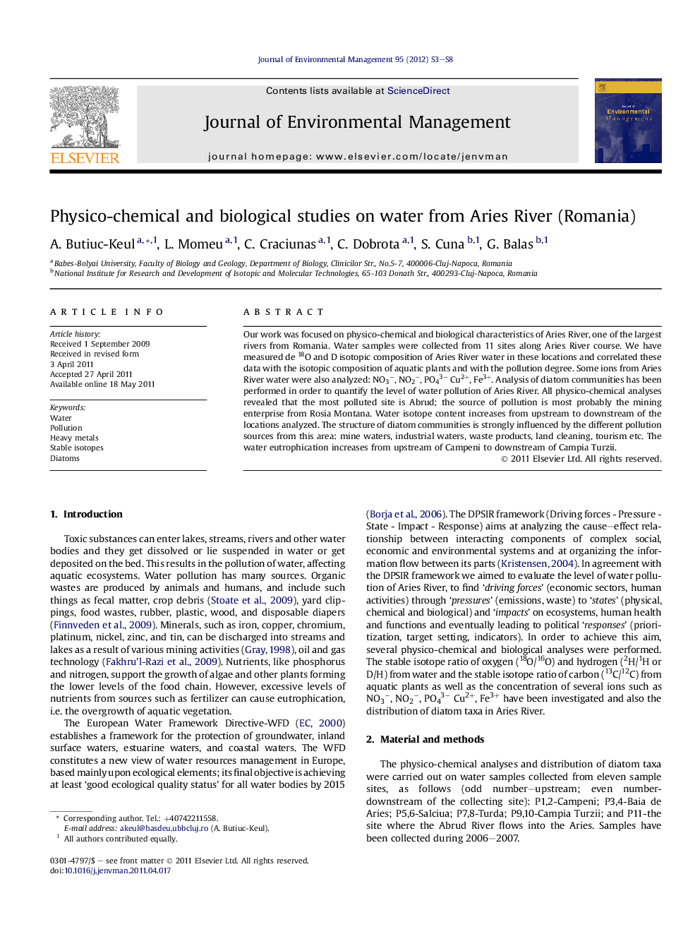 Physico-chemical and biological studies on water from Aries River (Romania)