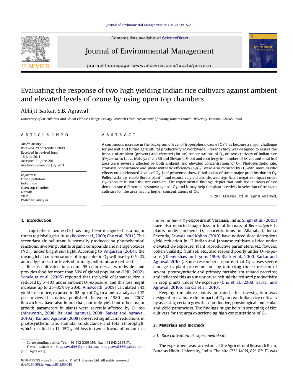 Evaluating the response of two high yielding Indian rice cultivars against ambient and elevated levels of ozone by using open top chambers