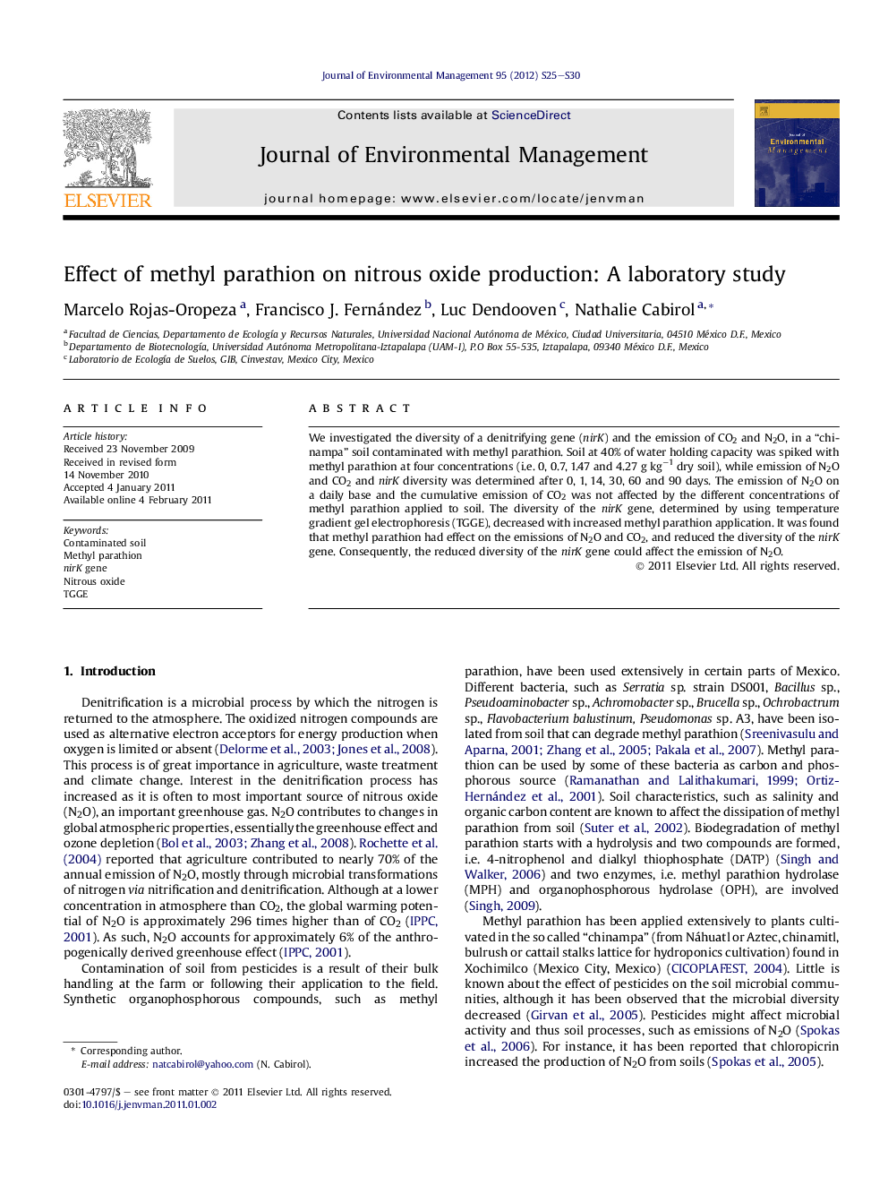 Effect of methyl parathion on nitrous oxide production: A laboratory study