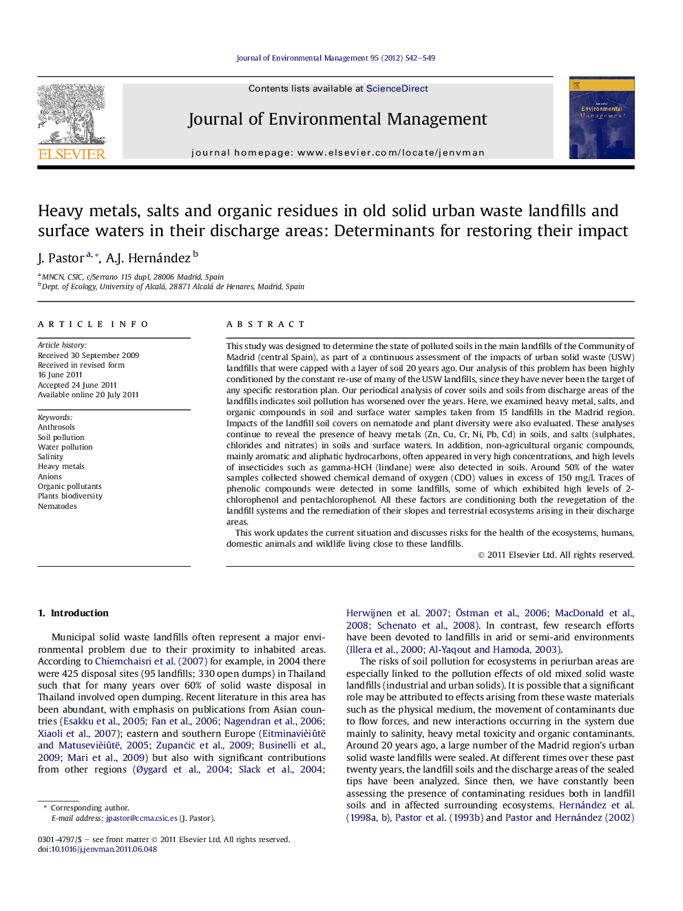 Heavy metals, salts and organic residues in old solid urban waste landfills and surface waters in their discharge areas: Determinants for restoring their impact