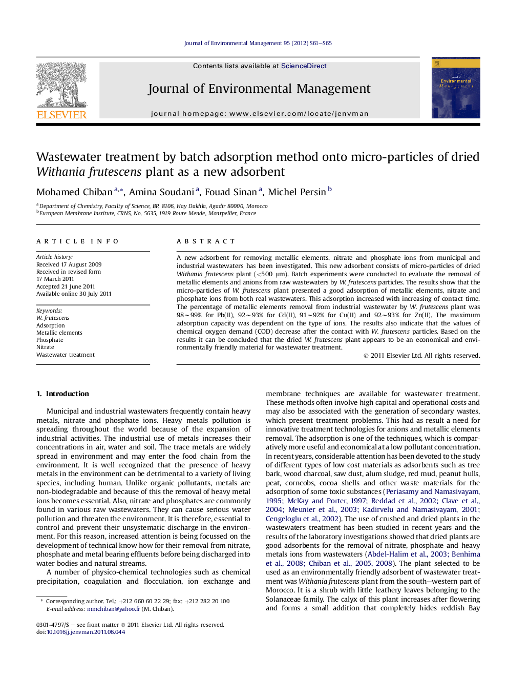 Wastewater treatment by batch adsorption method onto micro-particles of dried Withania frutescens plant as a new adsorbent