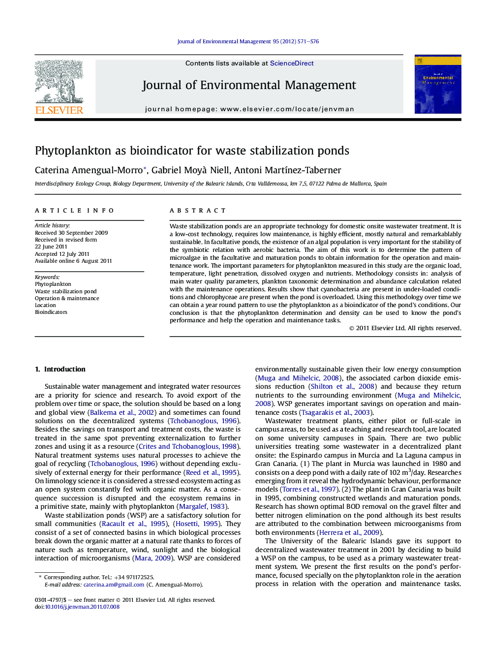 Phytoplankton as bioindicator for waste stabilization ponds