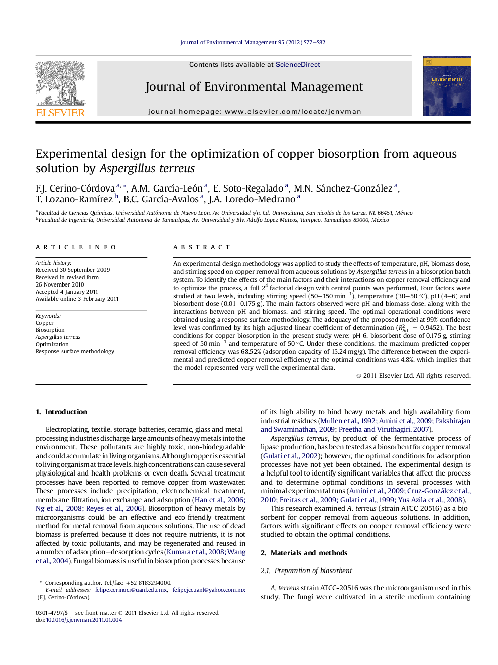 Experimental design for the optimization of copper biosorption from aqueous solution by Aspergillus terreus