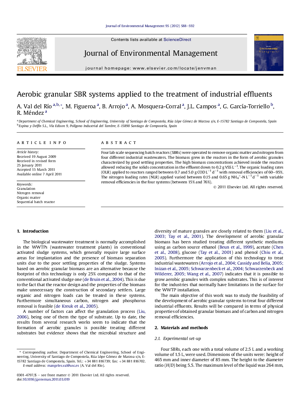 Aerobic granular SBR systems applied to the treatment of industrial effluents