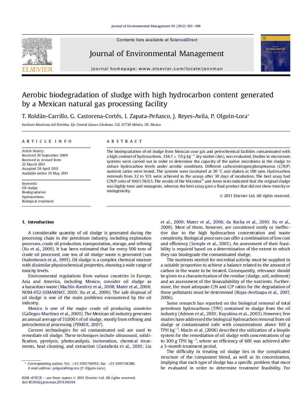 Aerobic biodegradation of sludge with high hydrocarbon content generated by a Mexican natural gas processing facility