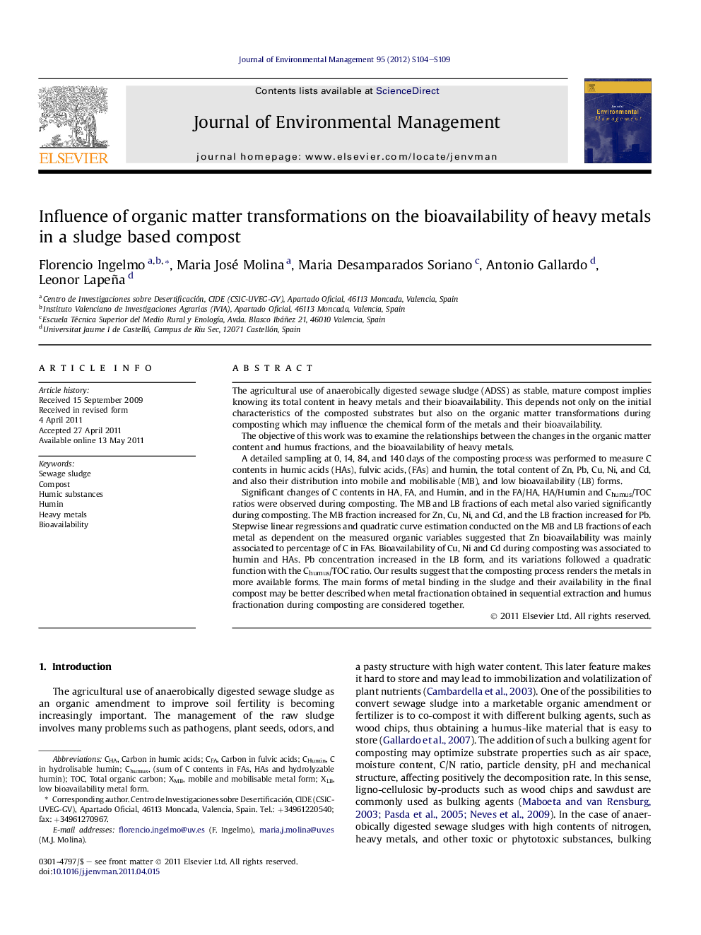 Influence of organic matter transformations on the bioavailability of heavy metals in a sludge based compost