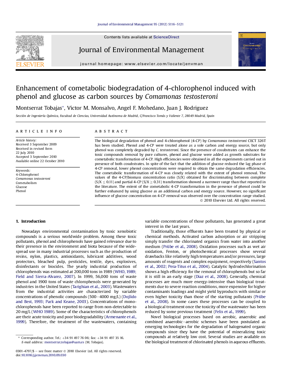 Enhancement of cometabolic biodegradation of 4-chlorophenol induced with phenol and glucose as carbon sources by Comamonas testosteroni