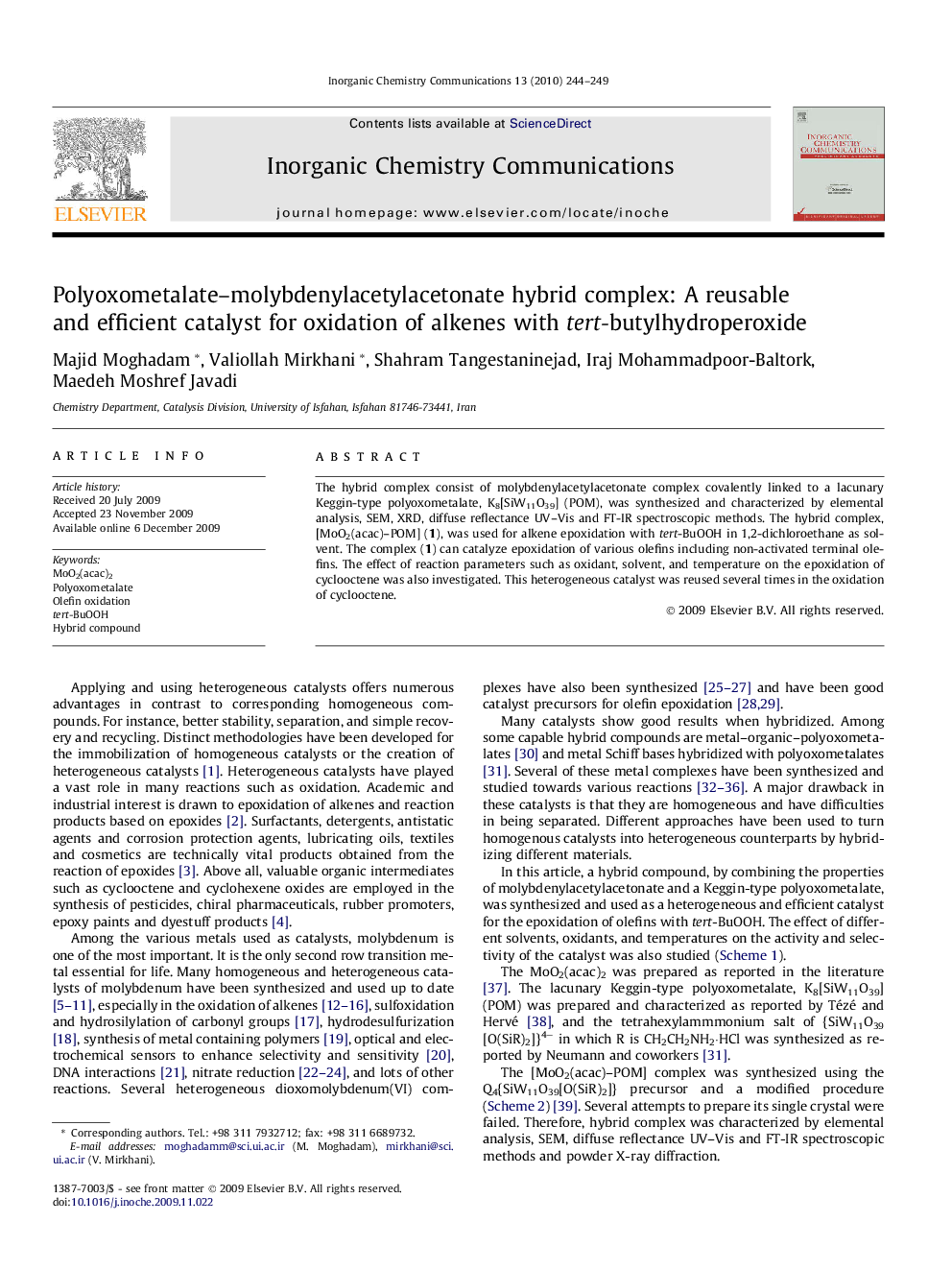 Polyoxometalate-molybdenylacetylacetonate hybrid complex: A reusable and efficient catalyst for oxidation of alkenes with tert-butylhydroperoxide