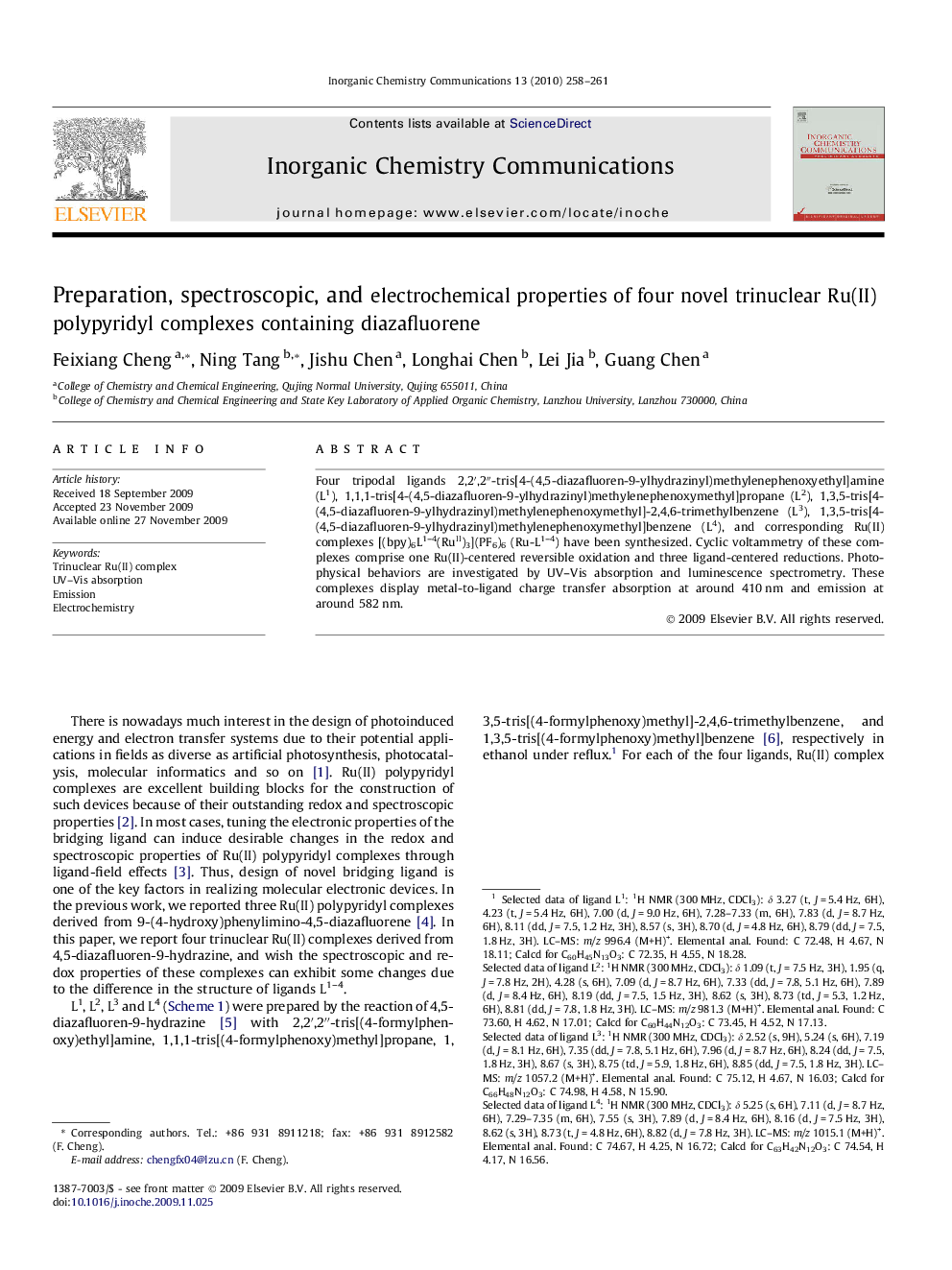 Preparation, spectroscopic, and electrochemical properties of four novel trinuclear Ru(II) polypyridyl complexes containing diazafluorene