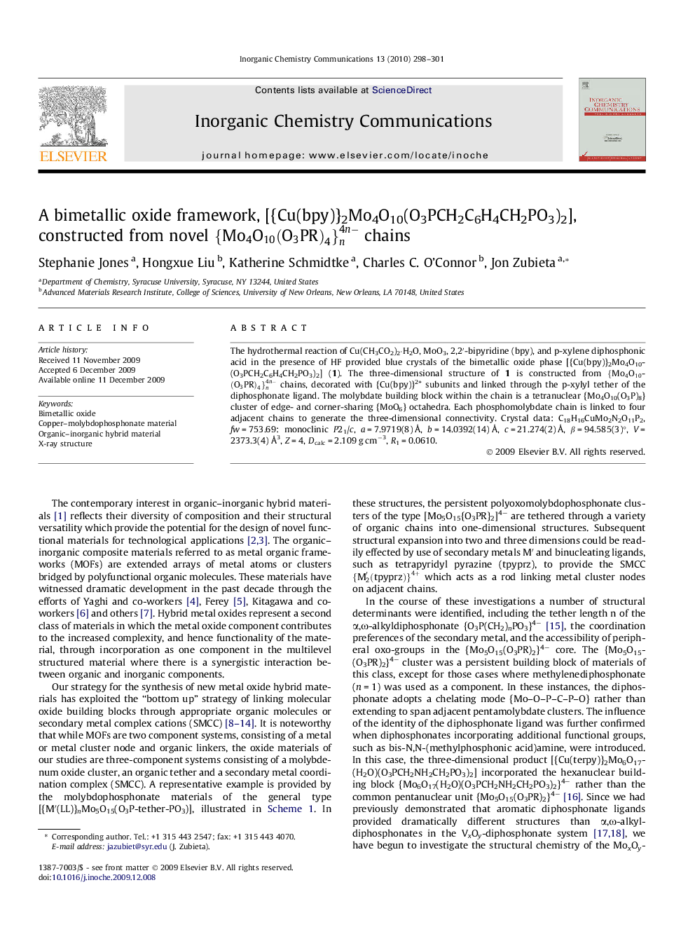 A bimetallic oxide framework, [{Cu(bpy)}2Mo4O10(O3PCH2C6H4CH2PO3)2], constructed from novel {Mo4O10(O3PR)4}n4n- chains