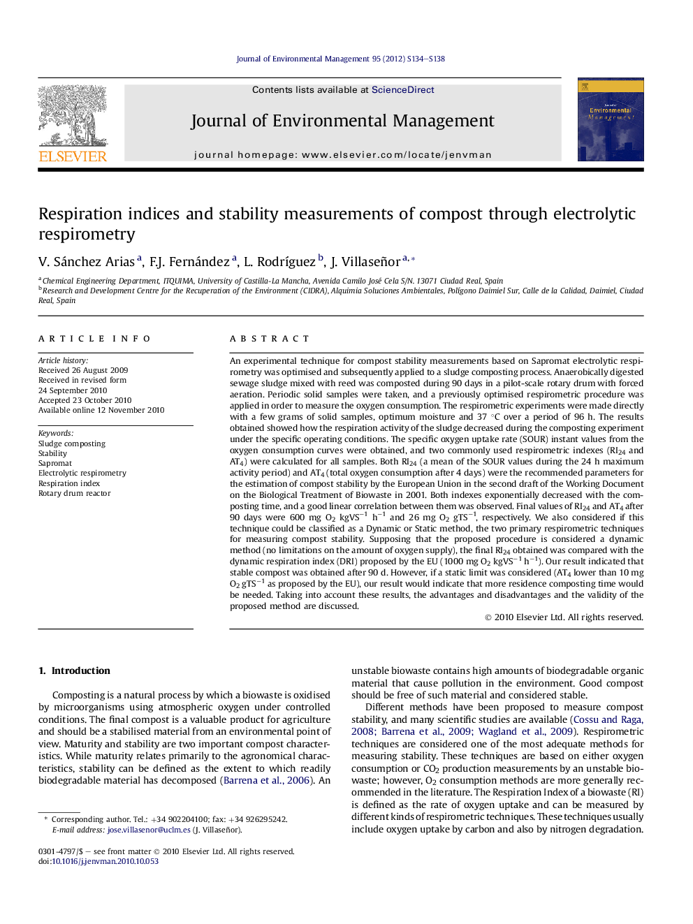 Respiration indices and stability measurements of compost through electrolytic respirometry