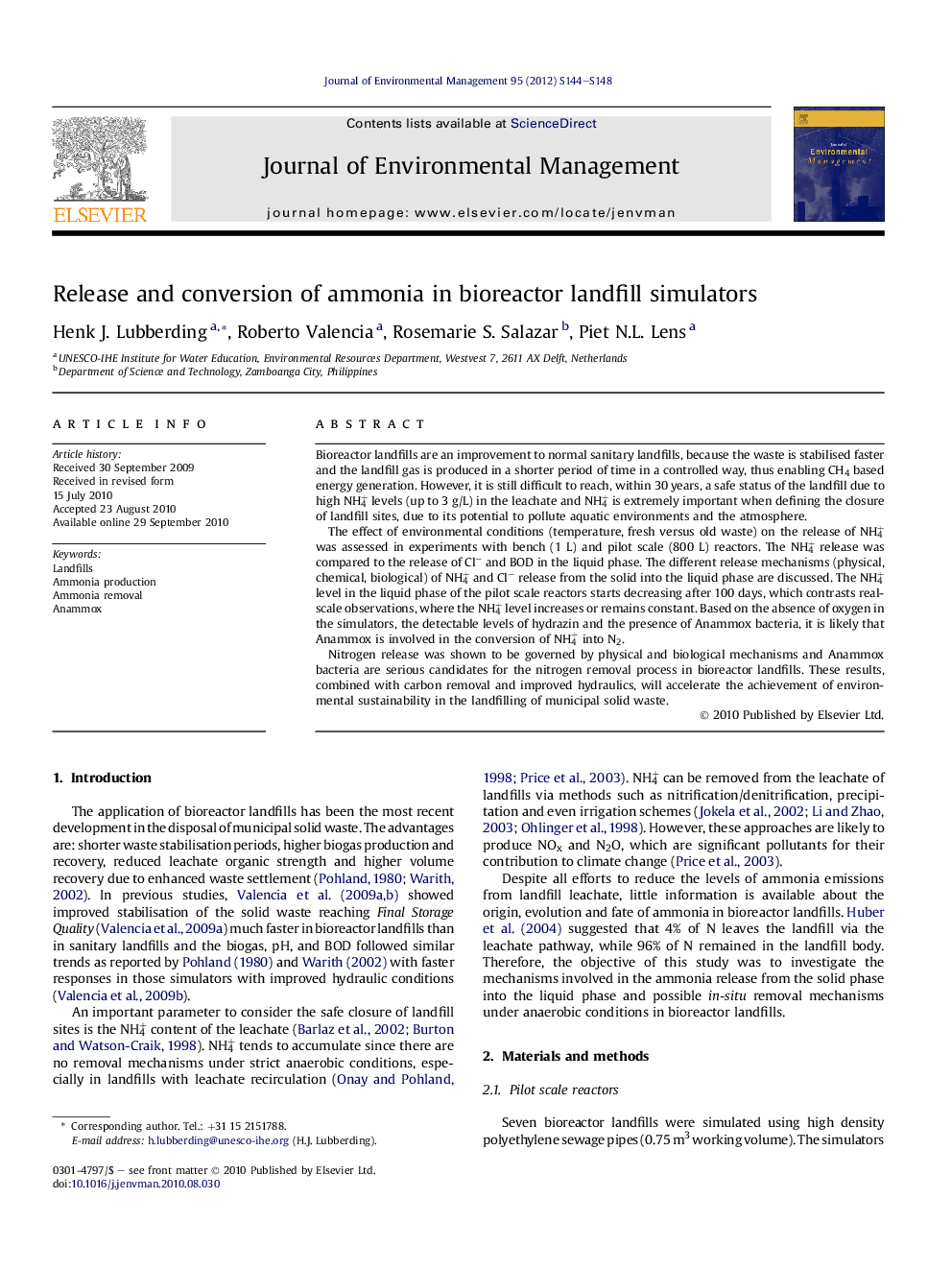 Release and conversion of ammonia in bioreactor landfill simulators