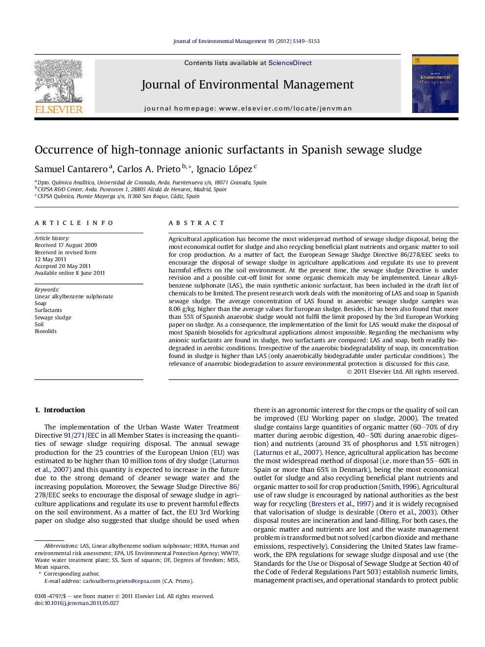 Occurrence of high-tonnage anionic surfactants in Spanish sewage sludge