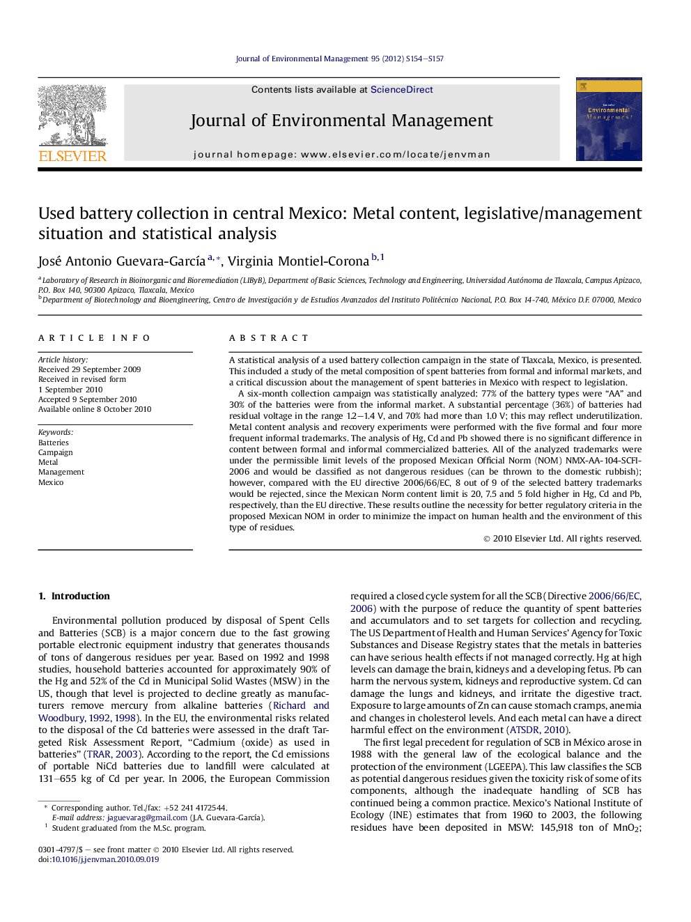 Used battery collection in central Mexico: Metal content, legislative/management situation and statistical analysis