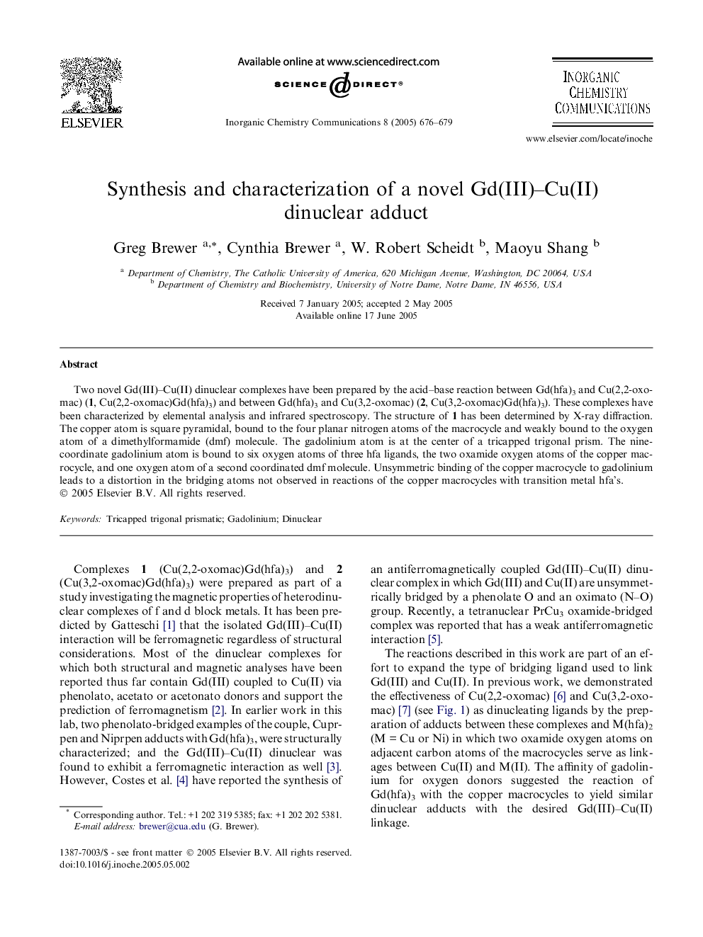 Synthesis and characterization of a novel Gd(III)-Cu(II) dinuclear adduct