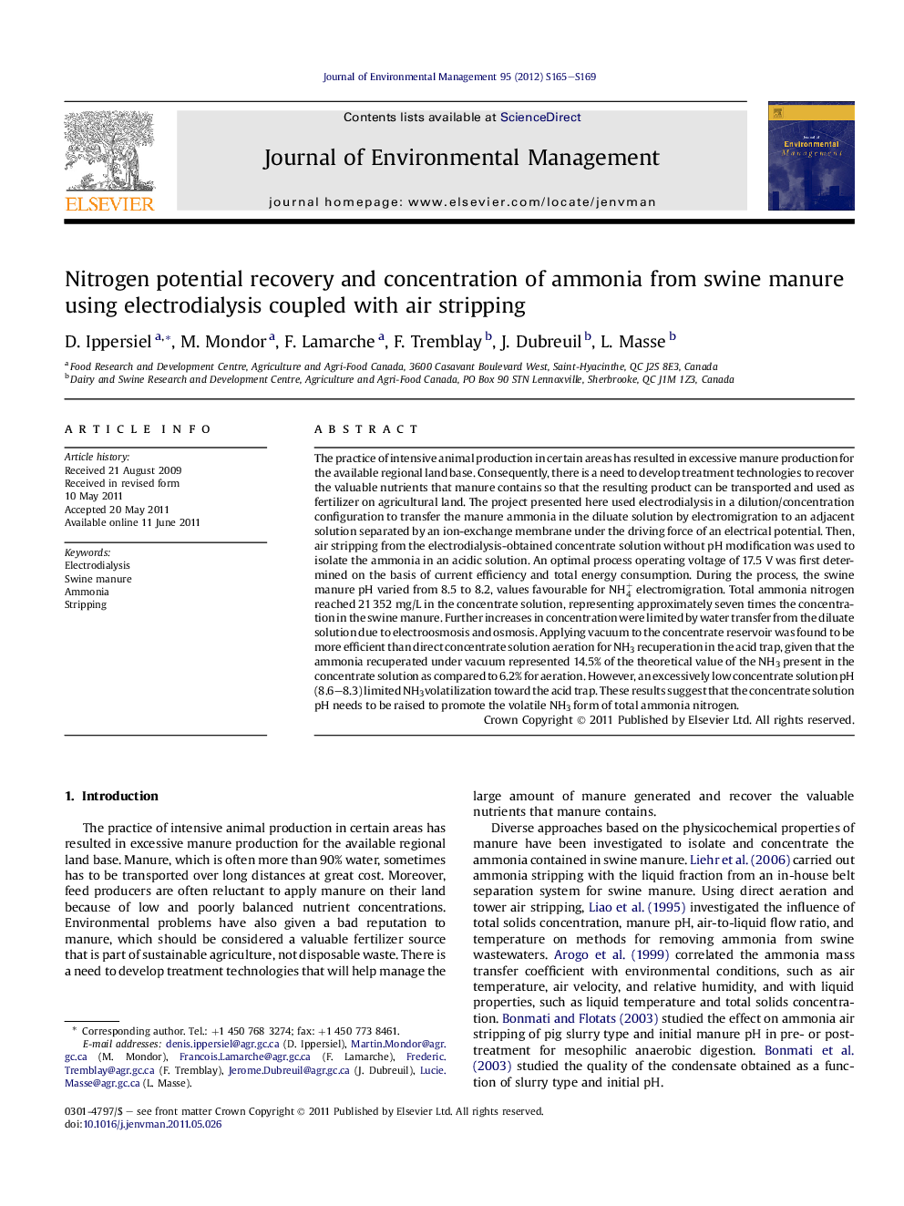 Nitrogen potential recovery and concentration of ammonia from swine manure using electrodialysis coupled with air stripping