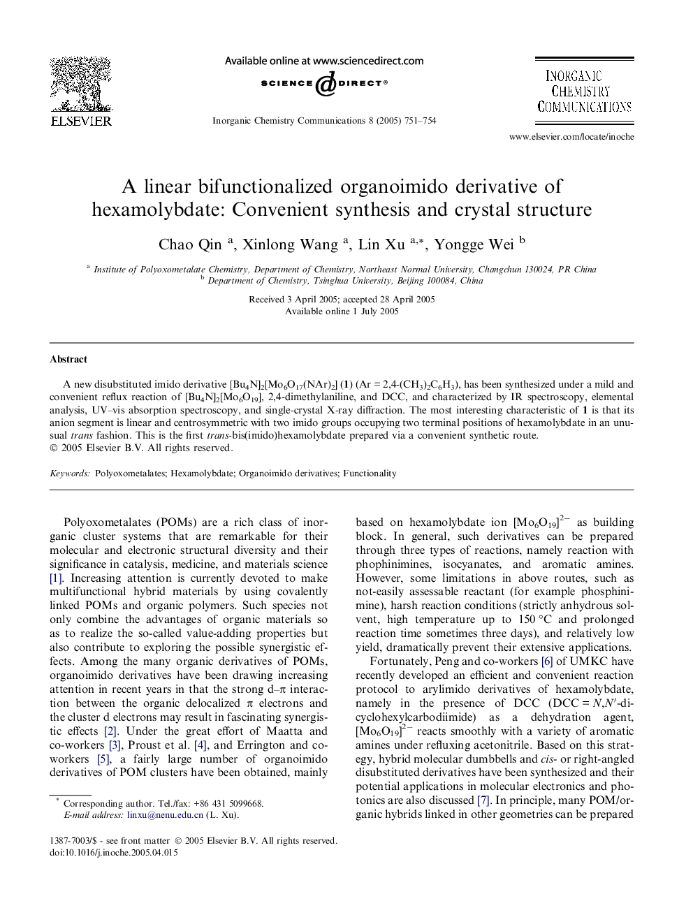 A linear bifunctionalized organoimido derivative of hexamolybdate: Convenient synthesis and crystal structure