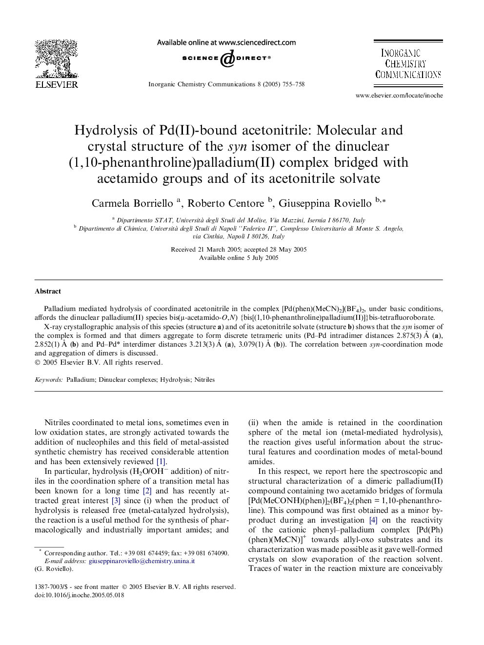 Hydrolysis of Pd(II)-bound acetonitrile: Molecular and crystal structure of the syn isomer of the dinuclear (1,10-phenanthroline)palladium(II) complex bridged with acetamido groups and of its acetonitrile solvate